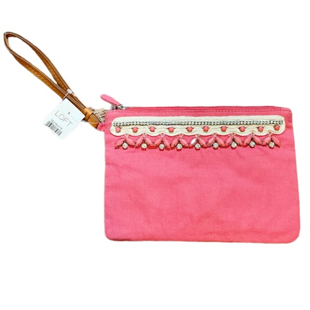 LOFT pink sparkle beaded cotton zip closure wristlet bag one size
